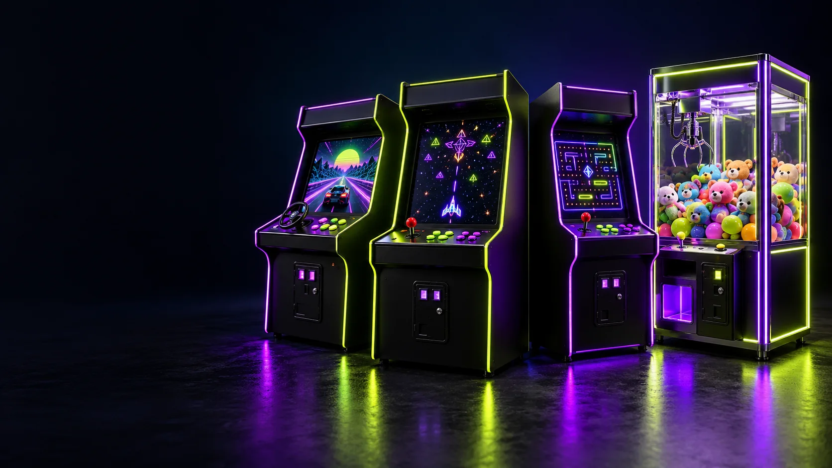 Illustrative arcade cabinets and a claw machine with colourful lights